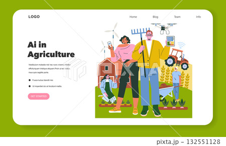 AI integration in agriculture is depicted in this vector illustration featuring farmers using technology and drones on a farm to enhance efficiency and productivity. 132551128