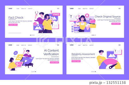 Vector illustration depicting online fact-checking actions, including identifying fake news, verifying AI content, and assessing reliability. People engage with digital tools for accuracy assurance. 132551138