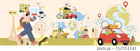 Woman planning an eco-friendly travel route using digital apps. Features transportation options like bicycles and electric cars. Concept includes sustainable travel and global connectivity. 132551143
