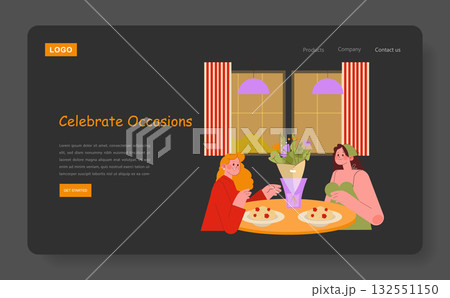 Vector illustration of two women sharing a meal at a restaurant, highlighting a celebration occasion. The warm atmosphere and flowers create a joyful mood, perfect for special gatherings. 132551150