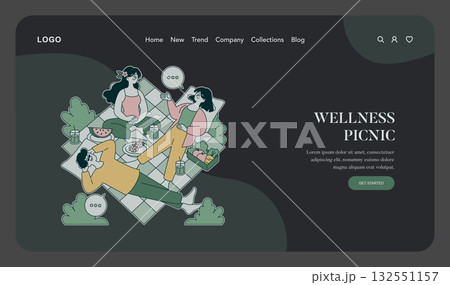 Vector illustration showing a group relaxing on a picnic blanket, enjoying snacks and drinks, fostering a sense of calm and connection during wellness time together. 132551157
