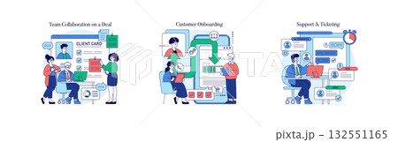 Vector illustration set depicting team collaboration, customer onboarding, and support ticketing processes. Features characters engaging with digital tools and workflow elements in a business context. 132551165