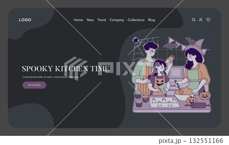 Vector illustration of a family joyfully baking Halloween treats in a kitchen. Parents and a child are decorating festive cookies and cupcakes surrounded by Halloween decor like pumpkins and cobwebs. 132551166
