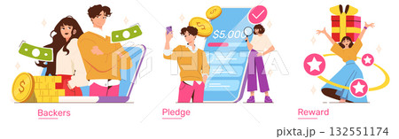 Engaging vector illustration depicting crowdfunding success, featuring happy individuals pledging, investing, and celebrating rewards. Money, pledges, and achievements are emphasized energetically. Engaging vector illustration depicting crowdfunding success, featuring happy individuals pledging, investing, and celebrating rewards. Money, pledges, and achievements are emphasized energetically. 132551174