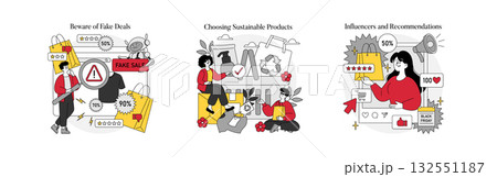 Vector illustration set depicting consumer behavior related to fake deals, choosing sustainable products, and influencer recommendations. Highlights include consumer actions and emotion-driven design. 132551187