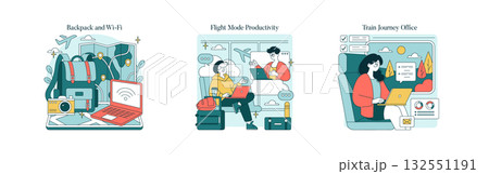 Vector illustration set depicting a modern remote work lifestyle. Includes travel essentials, working during flights, and productivity on train journeys with engaging elements. Vector illustration set depicting a modern remote work lifestyle. Includes travel essentials, working during flights, and productivity on train journeys with engaging elements. 132551191