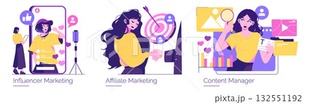 Vector illustration set depicting influencer marketing, affiliate marketing, and content management concepts. Features vibrant characters engaging with digital marketing tools and platforms. 132551192