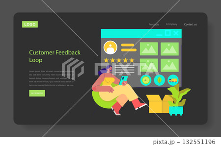 Vector illustration of a user providing feedback on a digital platform. The design highlights interactivity with a smiling individual using a tablet, surrounded by visual feedback elements. 132551196
