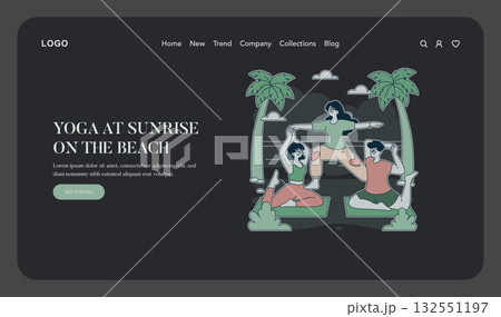 Vector illustration depicting three individuals practicing yoga on a beach at sunrise. They engage in various yoga poses amidst palm trees under a clear sky. Suitable for wellness themes. 132551197