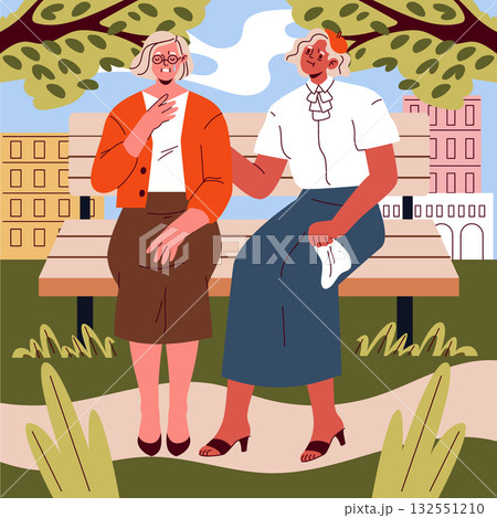 Vector illustration of two elderly women sitting on a park bench, enjoying each other's company. Their facial expressions show happiness and contentment in a pleasant outdoor setting. Vector illustration of two elderly women sitting on a park bench, enjoying each other's company. Their facial expressions show happiness and contentment in a pleasant outdoor setting. 132551210