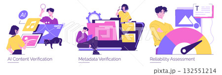 Vector illustration showcasing individuals engaged in AI content verification, metadata analysis, and reliability assessment, emphasizing digital tools and collaborative teamwork. 132551214