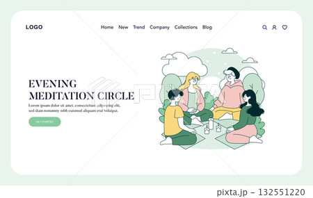 Vector illustration of a peaceful evening meditation circle with diverse individuals practicing mindfulness in a serene outdoor setting, ideal for web design and health blogs. Vector illustration of a peaceful evening meditation circle with diverse individuals practicing mindfulness in a serene outdoor setting, ideal for web design and health blogs. 132551220