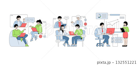 Vector illustration depicting groups engaging in collaborative office tasks, including online meetings, project discussions, and data analysis using digital devices and charts. Vector illustration depicting groups engaging in collaborative office tasks, including online meetings, project discussions, and data analysis using digital devices and charts. 132551221