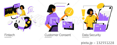 Fintech-themed vector illustration set highlights key concepts: financial technology with a piggy bank, customer consent through data interaction, and data security emphasizing privacy protection. Fintech-themed vector illustration set highlights key concepts: financial technology with a piggy bank, customer consent through data interaction, and data security emphasizing privacy protection. 132551228