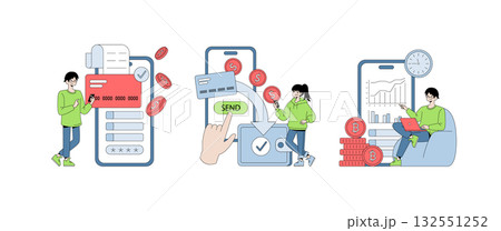 Vector illustration showing digital transactions with credit cards, sending money, and cryptocurrency management on mobile devices with individuals engaged in financial processes. Vector illustration showing digital transactions with credit cards, sending money, and cryptocurrency management on mobile devices with individuals engaged in financial processes. 132551252