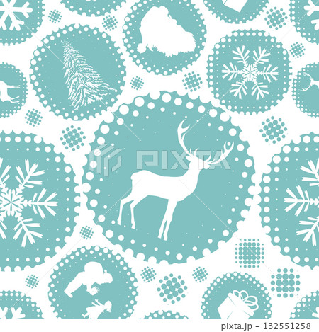 Seamless Christmas background with snowflakes, branches and deer. Not AI. Vector illustration 132551258