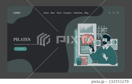 Vector illustration shows a man analyzing financial data on a screen. The image includes a piggy bank, charts, and graphs, illustrating a focus on financial growth and planning. 132551279