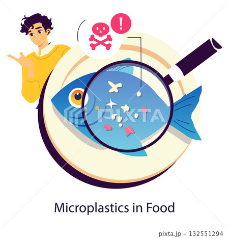 Vector illustration depicting a plate with a fish containing microplastics observed through a magnifying glass. Highlights environmental concerns of plastic pollution in marine life and seafood safety 132551294