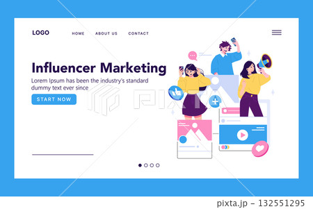 Influencer marketing vector illustration showing diverse individuals interacting positively with social media elements, highlighting digital connectivity and user engagement dynamics. Influencer marketing vector illustration showing diverse individuals interacting positively with social media elements, highlighting digital connectivity and user engagement dynamics. 132551295