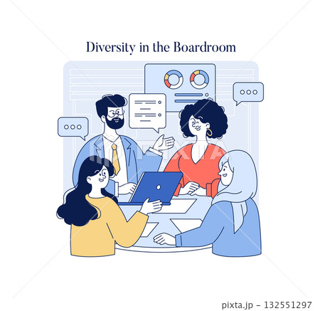 Vector illustration of a diverse team engaging in a boardroom discussion. The scene highlights teamwork and communication, showcasing people with different backgrounds collaborating around a table. 132551297