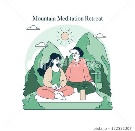 Vector illustration of two people meditating outdoors during a mountain retreat. Surrounded by scenic mountains and trees, their expressions are calm and relaxed, promoting tranquility. 132551307