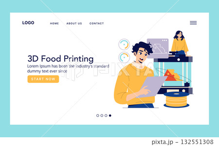 Vector illustration of two people interacting with 3D food printing technology on a website layout. Concept highlights advanced technology in culinary arts and innovative design. Vector illustration of two people interacting with 3D food printing technology on a website layout. Concept highlights advanced technology in culinary arts and innovative design. 132551308