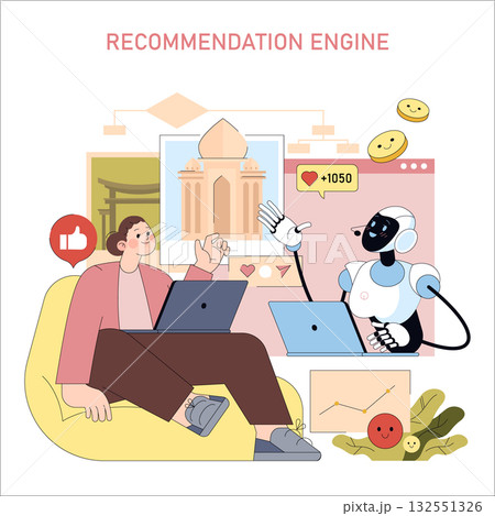 Person and robot engaging in a recommendation engine session, showcasing AI interaction and collaboration. Modern vector illustration depicting emotion and technology synergy. Person and robot engaging in a recommendation engine session, showcasing AI interaction and collaboration. Modern vector illustration depicting emotion and technology synergy. 132551326