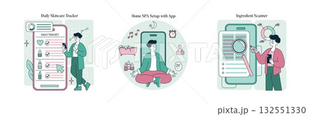 Vector illustration depicting a person using a skincare tracker app, a home spa setup with digital relaxation elements, and an ingredient scanner for personalized skincare routines. 132551330