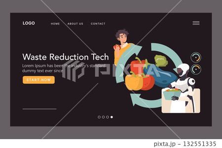 Vector illustration depicting waste reduction technology with a robot holding a box of vegetables. Arrows signify recycling and sustainability in reducing food waste efficiently. 132551335