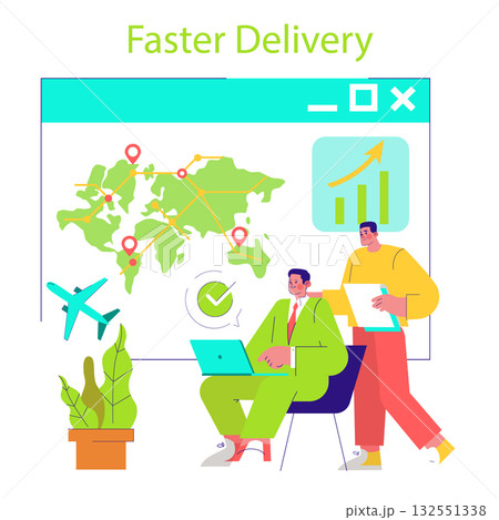 Vector illustration of two people analyzing global logistics. One person sits with a laptop while the other stands with documents, monitoring a map and growth chart for faster delivery. 132551338