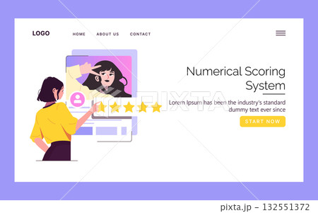 Vector illustration showing a person rating online content using a five-star numerical scoring system on a website. The scene highlights user interaction and feedback evaluation. Vector illustration showing a person rating online content using a five-star numerical scoring system on a website. The scene highlights user interaction and feedback evaluation. 132551372