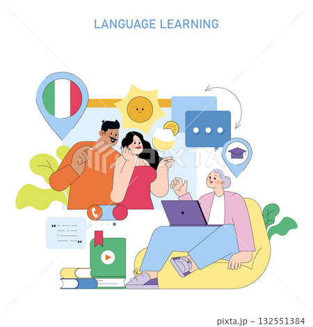 Vector illustration of people engaging in language learning with digital tools. Features vibrant icons like speech bubbles, a graduation cap, and a location pin representing Italian language study. 132551384