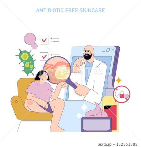A woman consults a doctor online about skincare, focusing on antibiotic-free solutions. The doctor examines her skin issues through a magnifying glass. Vector illustration emphasizes modern A woman consults a doctor online about skincare, focusing on antibiotic-free solutions. The doctor examines her skin issues through a magnifying glass. Vector illustration emphasizes modern 132551385