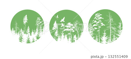 Abstract forest set. Nature green Silhouette of tree and birds. hand drawn. Not AI, Vector illustration Abstract forest set. Nature green Silhouette of tree and birds. hand drawn. Not AI, Vector illustration 132551409