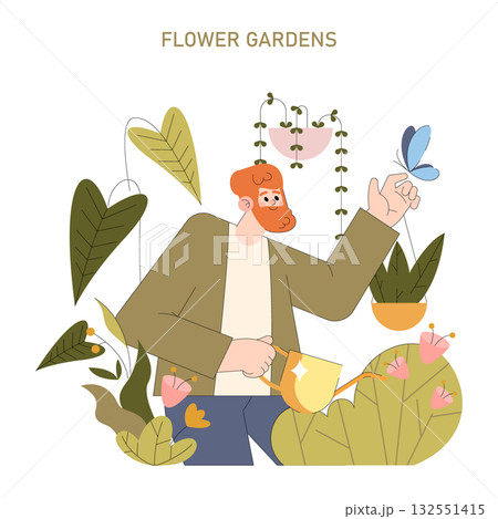 A vector illustration of a man in a flower garden, holding a watering can while watching a butterfly. Surrounded by lush plants and flowers, the scene evokes calm and curiosity. A vector illustration of a man in a flower garden, holding a watering can while watching a butterfly. Surrounded by lush plants and flowers, the scene evokes calm and curiosity. 132551415