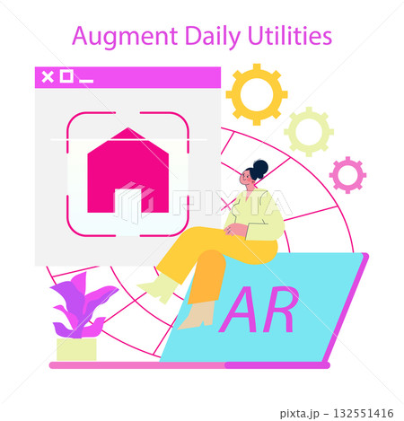 Vector illustration of a person engaging with augmented reality to improve daily utilities. Colorful gears and digital icons emphasize technology and innovation in everyday tasks. 132551416