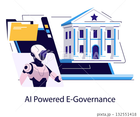 Vector illustration depicting AI in e-governance with a humanoid robot, a government building, and digital files, highlighting technology's role in modern governmental operations. Vector illustration depicting AI in e-governance with a humanoid robot, a government building, and digital files, highlighting technology's role in modern governmental operations. 132551418