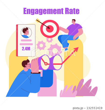 Vector illustration depicting a person using binoculars to analyze social media engagement rate. Includes a digital profile, target symbol, and growth arrow with gear elements. Vector illustration depicting a person using binoculars to analyze social media engagement rate. Includes a digital profile, target symbol, and growth arrow with gear elements. 132551419