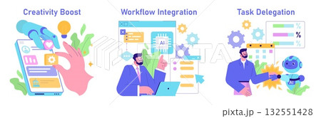 Vector illustration showing AI and human collaboration. Three scenes depict creativity boost with AI assistance, workflow integration with AI tools, and task delegation to AI robots. Vector illustration showing AI and human collaboration. Three scenes depict creativity boost with AI assistance, workflow integration with AI tools, and task delegation to AI robots. 132551428