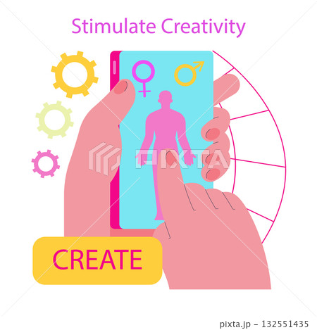 Vector illustration of hands holding a smartphone with a human figure and gender symbols. The image encourages creativity and exploration of identity through digital interaction. 132551435