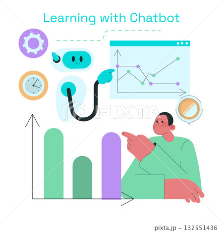 Vector illustration showing a chatbot guiding a person through data analysis. The image includes charts and graphs, emphasizing interactive learning with technology. Vector illustration showing a chatbot guiding a person through data analysis. The image includes charts and graphs, emphasizing interactive learning with technology. 132551436