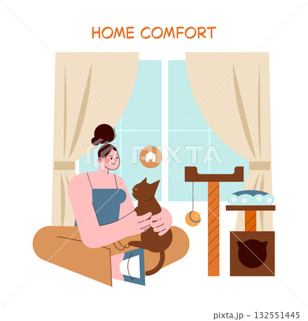 Vector illustration of a woman sitting by a window, affectionately holding her cat. A cozy setting with curtains and cat furniture emphasizes a peaceful home atmosphere. Vector illustration of a woman sitting by a window, affectionately holding her cat. A cozy setting with curtains and cat furniture emphasizes a peaceful home atmosphere. 132551445