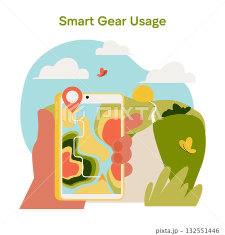 Vector illustration of a hand holding a smartphone displaying a map app, used for navigation in a colorful nature setting. Concept emphasizes technology and outdoor exploration. 132551446