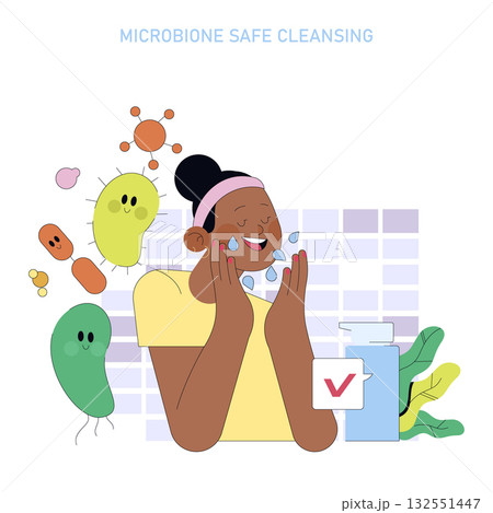 Vector illustration of a woman happily washing her face with a microbiome-safe cleansing product, surrounded by cheerful bacteria graphics, emphasizing skin health and care. Vector illustration of a woman happily washing her face with a microbiome-safe cleansing product, surrounded by cheerful bacteria graphics, emphasizing skin health and care. 132551447