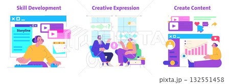 Vector illustration depicting skill development, creative expression, and content creation. People engaging in creative activities, highlighting storytelling and digital communication. Vector illustration depicting skill development, creative expression, and content creation. People engaging in creative activities, highlighting storytelling and digital communication. 132551458