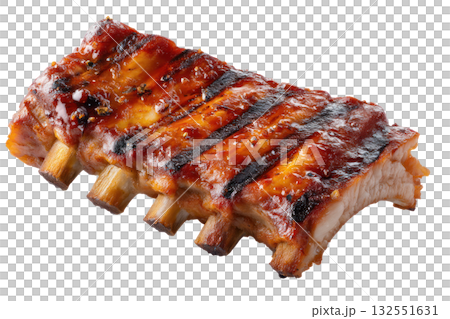 Juicy barbecue ribs glazed with rich sauce, showcasing tender meat and crispy edges, perfect for culinary delights. Isolated on transparent background. 132551631