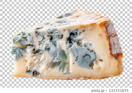 Close-up of blue cheese wedge showcasing rich textures and marbled veins, highlighting gourmet culinary ingredients for food enthusiasts and chefs. Isolated on transparent background. 132551635