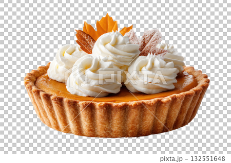 Pumpkin pie topped with whipped cream and decorative leaves, showcasing a delicious dessert perfect for autumn celebrations and festive gatherings. Isolated on transparent background. 132551648