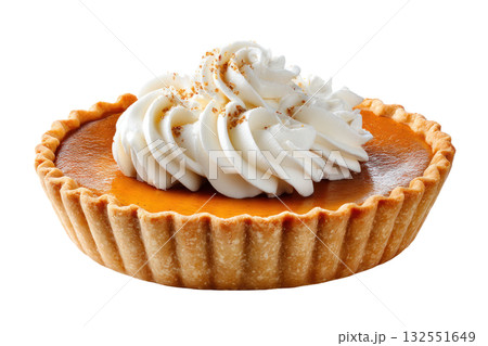Delicious pumpkin pie topped with whipped cream, showcasing a golden crust and rich filling, perfect for autumn celebrations and festive gatherings. Isolated on transparent background. Delicious pumpkin pie topped with whipped cream, showcasing a golden crust and rich filling, perfect for autumn celebrations and festive gatherings. Isolated on transparent background. 132551649
