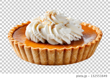 Delicious pumpkin pie topped with whipped cream, showcasing a golden crust and rich filling, perfect for autumn celebrations and festive gatherings. Isolated on transparent background. Delicious pumpkin pie topped with whipped cream, showcasing a golden crust and rich filling, perfect for autumn celebrations and festive gatherings. Isolated on transparent background. 132551649